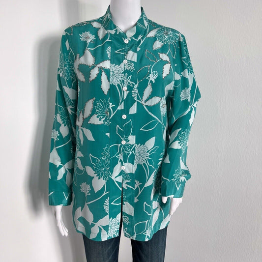 Yi Lin Womens Silk Top Size S Green Floral Beaded Sequins Button Mandarin Collar