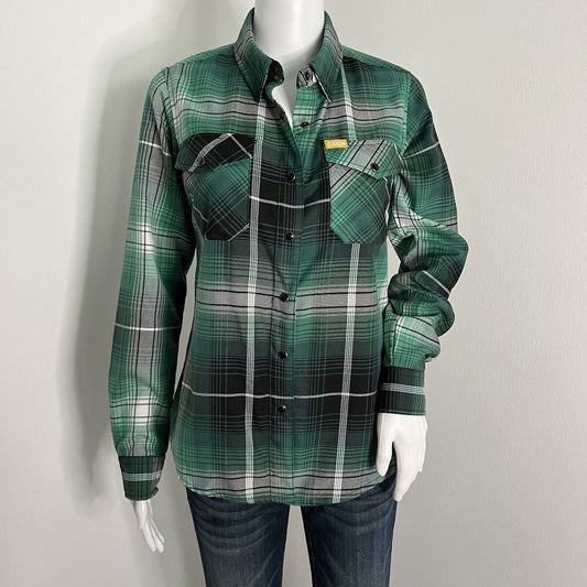 Dixxon Women's Reilly Flannel Shirt Size S Green Black Plaid Snap Front Luck