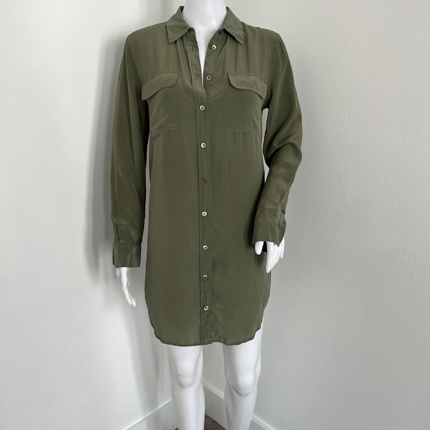 Equipment Women's Slim Signature Silk Shirt Dress Size XS Green Long Sleeve