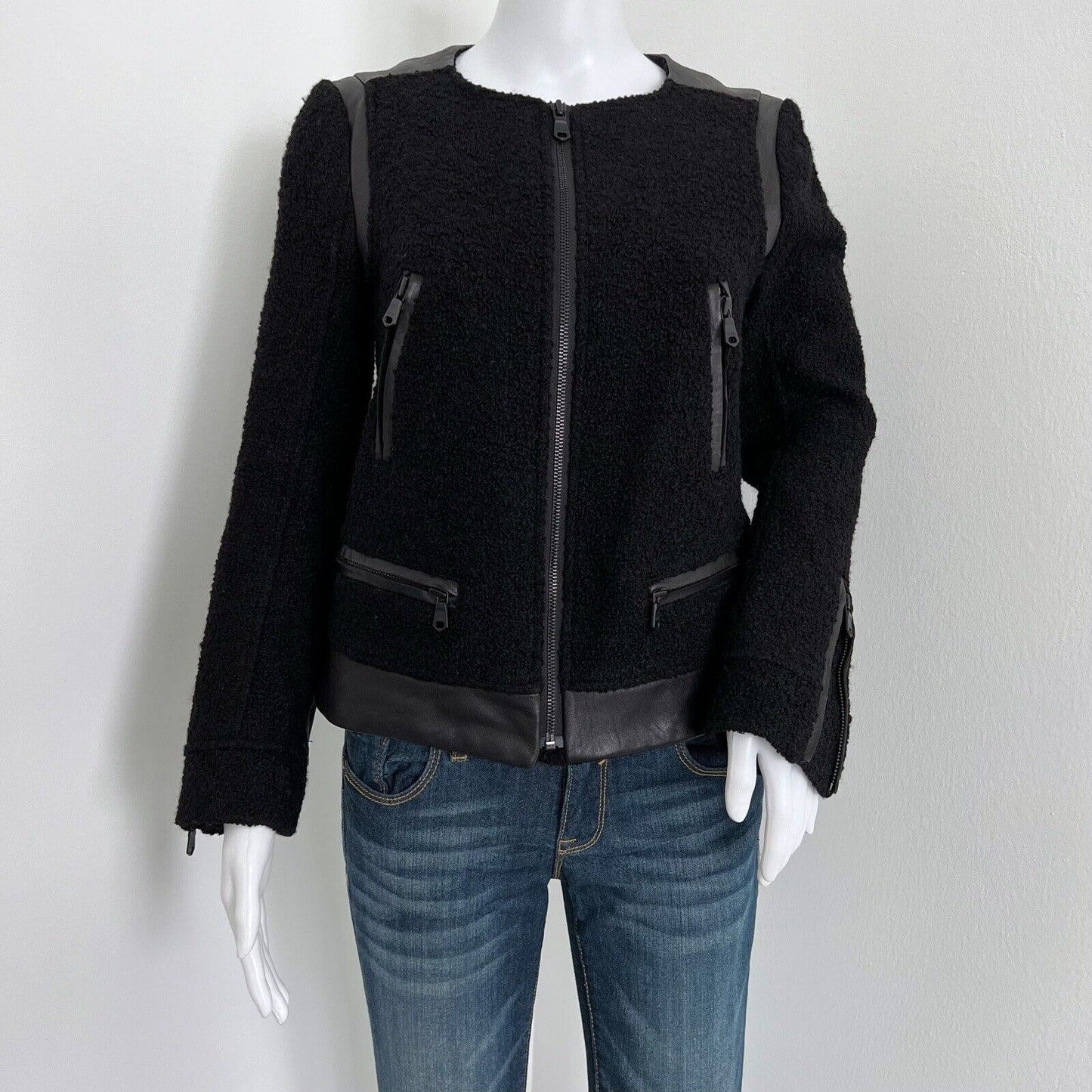 Club Monaco Women's Moto Jacket Size 4 Boucle Black Lambskin Leather Detail